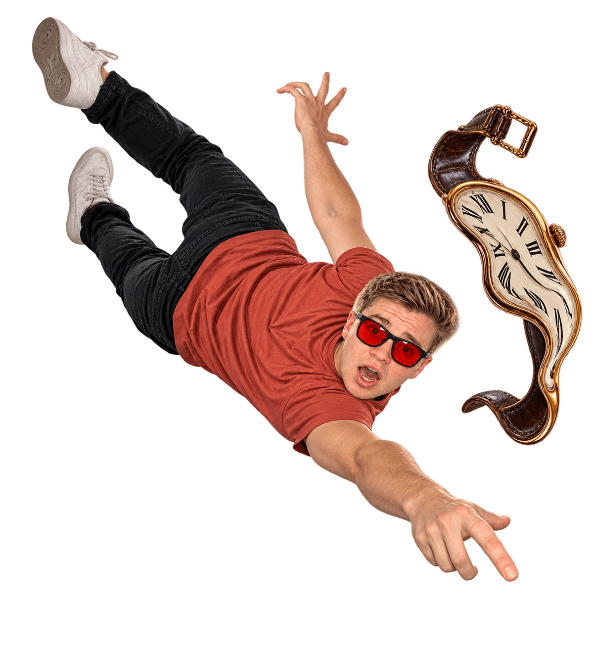 David floats beside a melting watch, reaching toward the reality-check button.