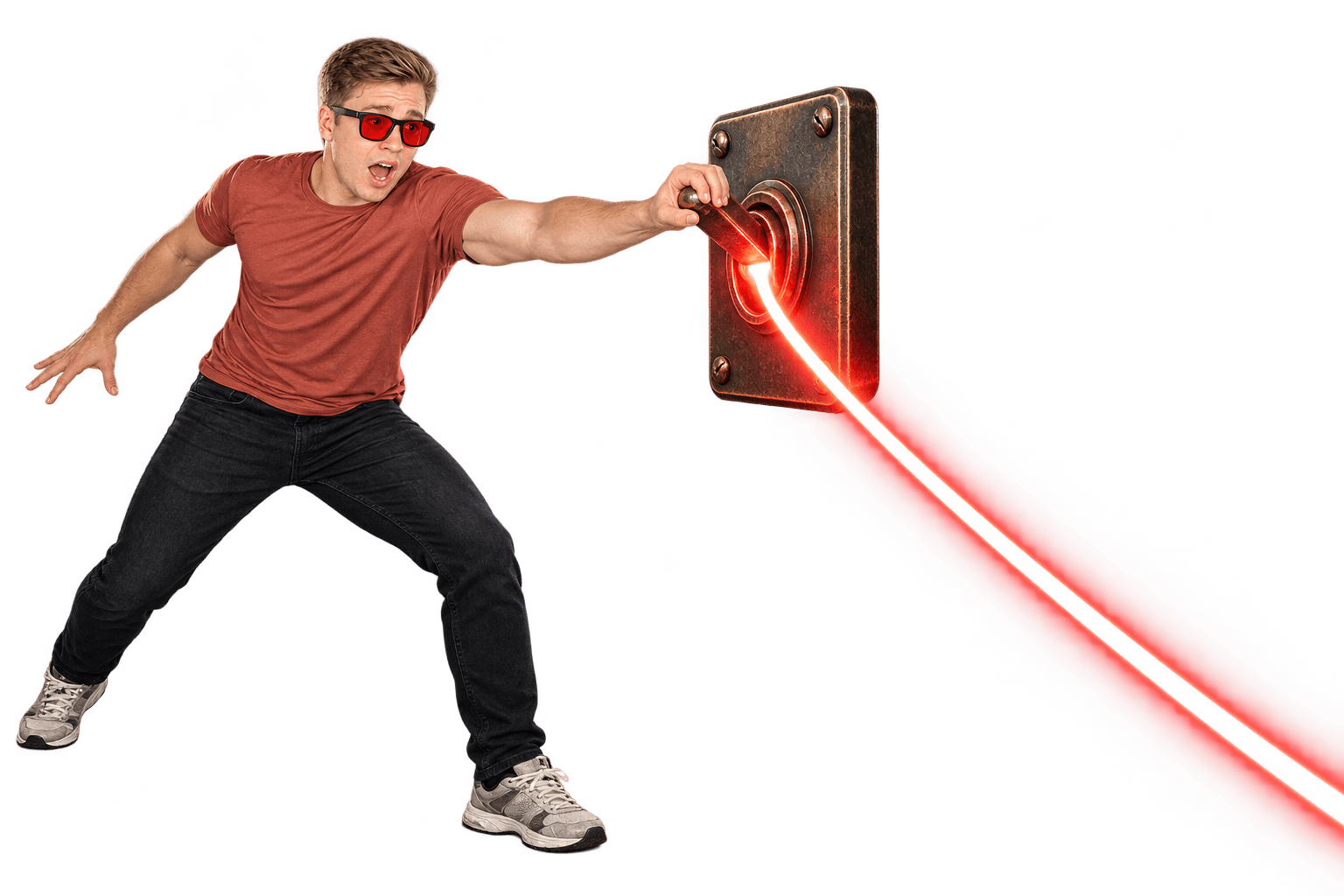 David flips a glowing switch; its beam leads to the five-night starter.
