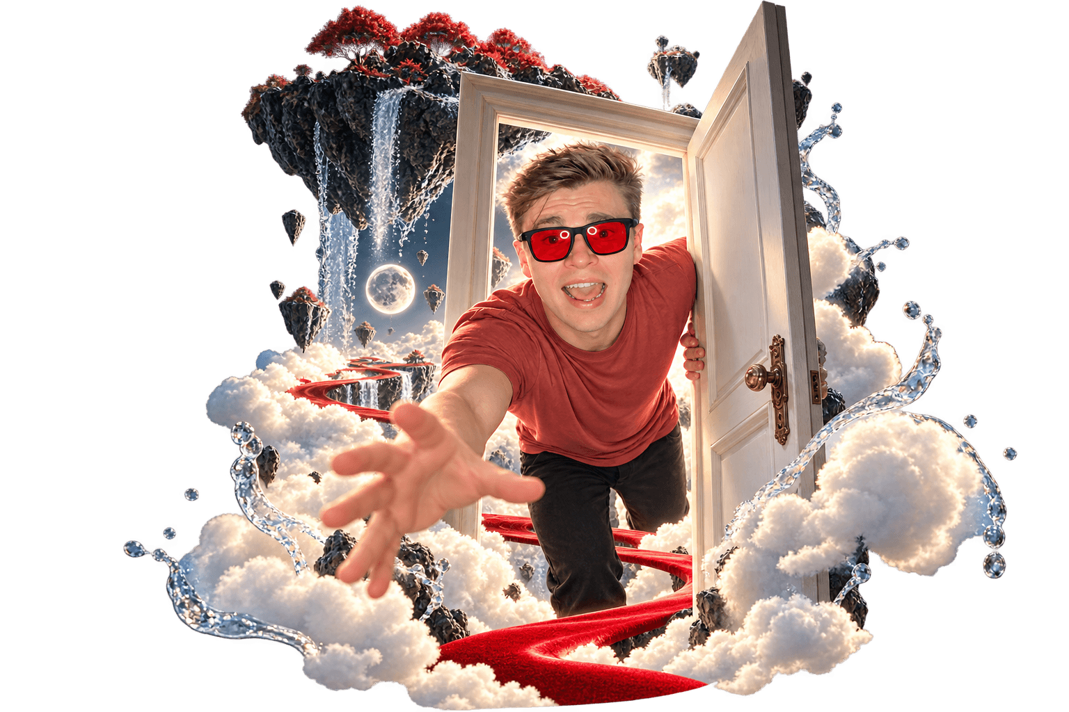 David reaches through a doorway into a dreamscape of floating islands, clouds, and a red path